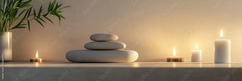 Poster relaxing spa setup with smooth massage stones and calming lit candles for tranquil atmosphere. gener