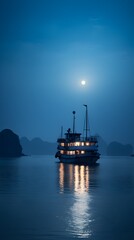 Obraz premium Serene Night Scene Illuminated Cruise Ship at Sea under Full Moon Calm Waters