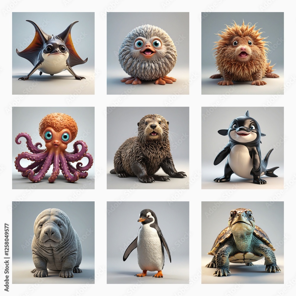Poster Nine cute 3D monsters are displayed in a grid. They are all different creatures with cartoonish features and appear playful and friendly.