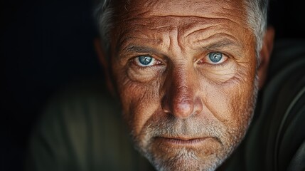 Fototapeta premium This powerful portrait showcases a mature man with a strong gaze, highlighting his life experiences through weathered skin and a determined expression radiating resilience.