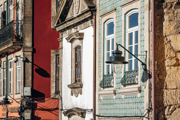 Close-up of a facade in Porto covered with traditional ceramic tiles (azulejos)