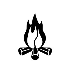 A stylized, black and white illustration of a campfire with three logs supporting the flames. The flames are rendered in a simple, graphic style.