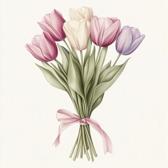 Fototapeta premium Hand-drawn illustration of a tulip bouquet, tied with a simple, elegant ribbon.