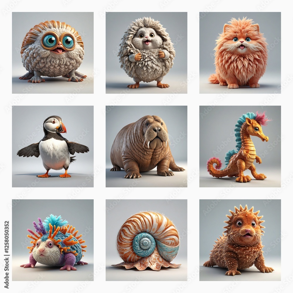 Poster Cute 3D creatures resemble monsters with fluffy and textured bodies, displaying a range of whimsical animal and imaginary forms.