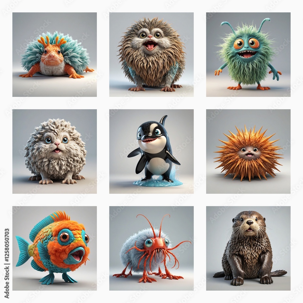 Poster cute 3d monsters with fluffy, furry, and spiky textures are showcased in a grid. these whimsical cre