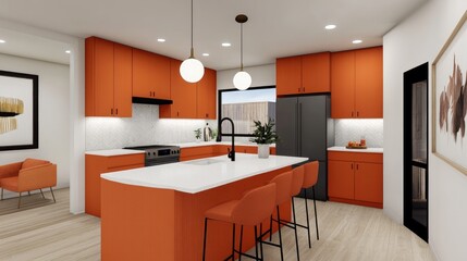 Orange and white kitchen setup with burnt orange cabinets, white countertops, and matching orange bar stools