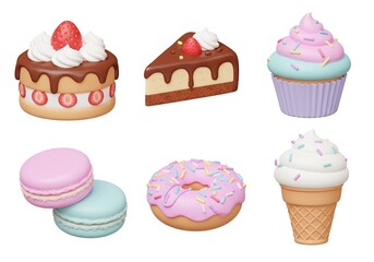 Delicious Dessert 3D Illustration Set with Cake, Cheesecake, Cupcake, Macarons, Donut, and Ice Cream Cone