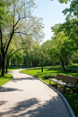 Obraz premium A park with a path and a bench. The bench is empty. The path is lined with trees