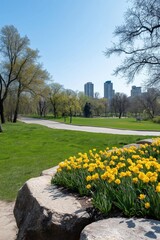 Obraz premium A park with a path and a flower garden. The flowers are yellow and there are trees in the background
