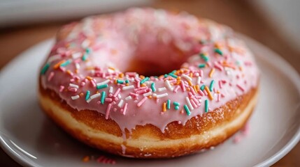 This charming pink frosted donut, sprinkled with colorful toppings, embodies a classic dessert that is both visually appealing and utterly delicious.