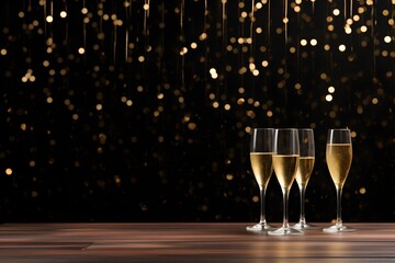 Festive Celebration Four Champagne Flutes on Wooden Table with Sparkling Background