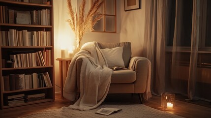 Peaceful reading nook with a neutral armchair, soft lighting, and simple decor like a wool throw and a light wooden bookshelf