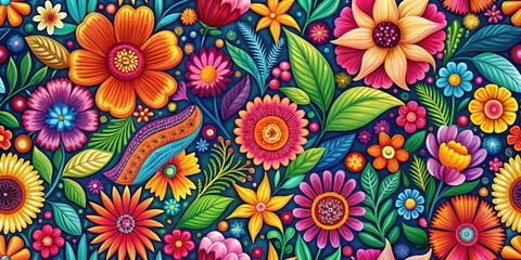Colorful floral wallpaper featuring a vibrant array of flowers and leaves in shades of pink orange yellow green blue purple, South American style, festive decor