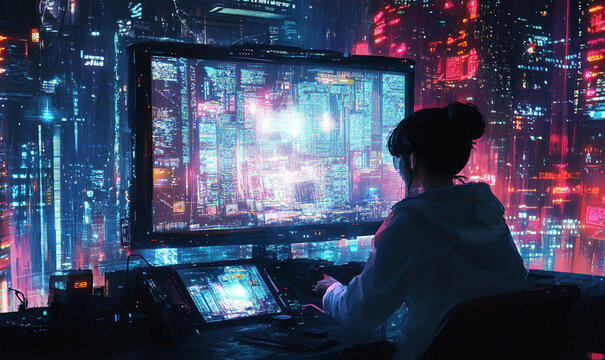 A cyberpunk hacker operates an advanced futuristic computer in a neon-lit cityscape filled with digital data streams.