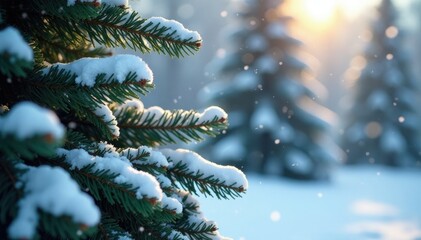 Snowflakes fell gently around the snow covered fir tree, cold weather, gentle snow