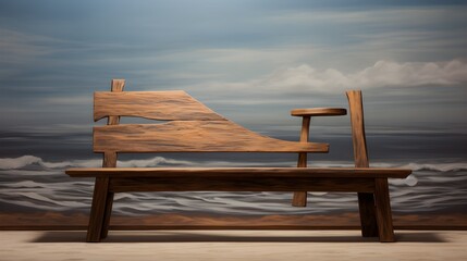 Rustic Wooden Bench with Ocean View Seascape Background Unique Design