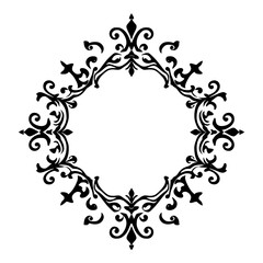 Ornamented, abstract, black and white floral frame with ornate curves and flourishes, set against a white background.