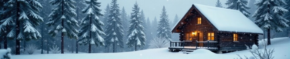 Snowflakes gently falling around wooden cabin, winter, cabin