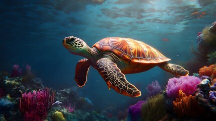 Fototapeta premium Majestic Sea Turtle Swimming Through Vibrant Coral Reef Scene