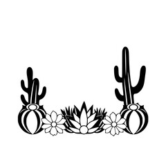 Fototapeta premium Cactus and floral silhouette frame, black and white, with the cactus as a focal point and the flowers at the base, creating a simple and clean composition.