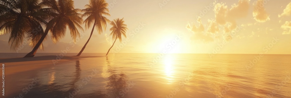 Aufkleber sunrise over tranquil waters with palm trees along the shoreline in a tropical paradise. generative 