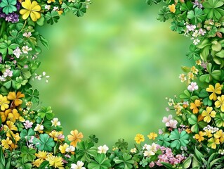 Fototapeta premium Floral border with vibrant flowers and greenery on a soft green background.