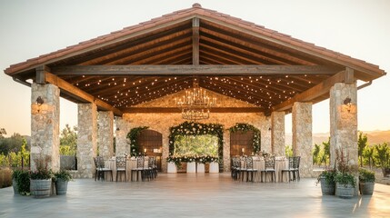 Outdoor wedding reception venue under rustic pergola with string lights