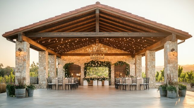 Outdoor wedding reception venue under rustic pergola with string lights
