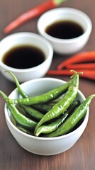 Spicy Green Chili Peppers in Soy Sauce Bowl Still Life