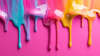 Naklejka premium Vibrant Colorful Paint Drips on Pink Background for Creative Design