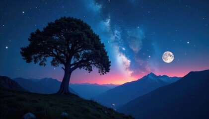 Towering tree against a stunning Milky Way and moonlit mountains, night sky, moonlight