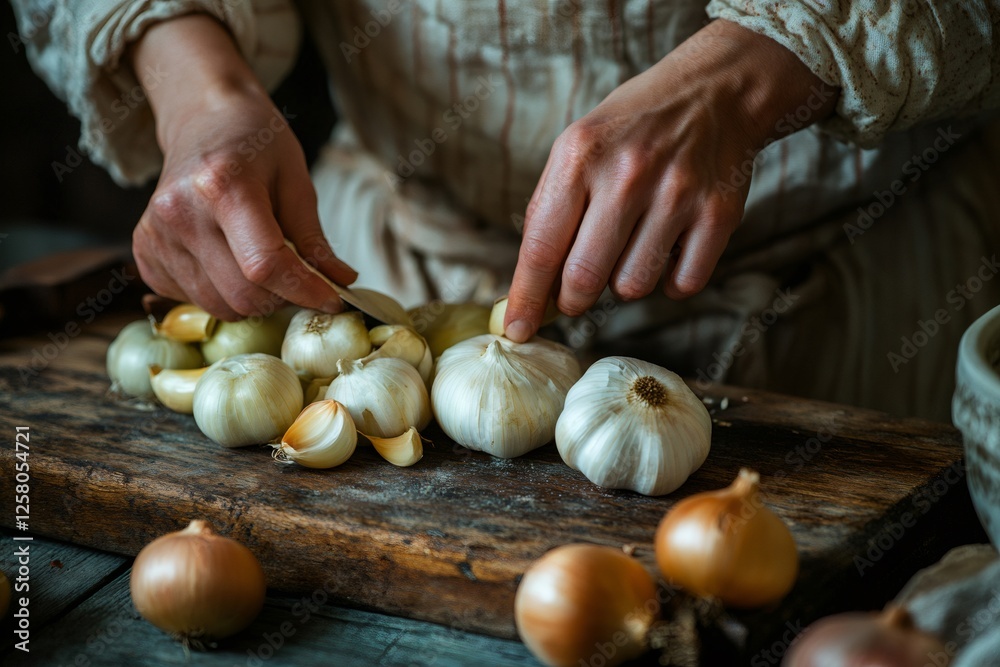 Poster Chef cutting garlic and onions on rustic wooden board