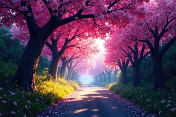 Tunnel light shines on a blooming sakura tree at the end of the tunnel, landscape, light