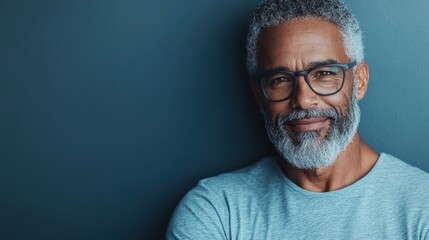 This charming portrait showcases a confident elderly man with glasses and a beard, offering a warm smile that highlights his approachability against a dark blue background.