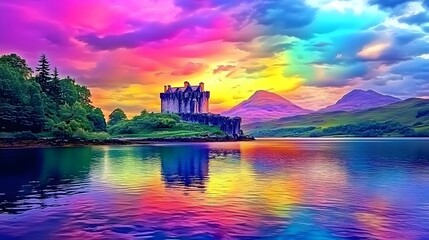Vibrant Rainbow Castle Lake Landscape- Magical Sunset Scenery
