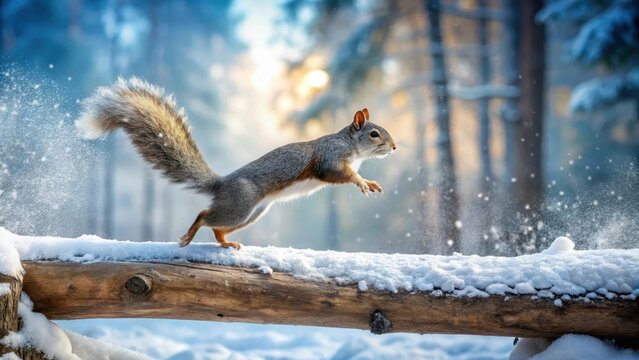 Snow-covered forest with a squirrel jumping over a frozen log, frozen log