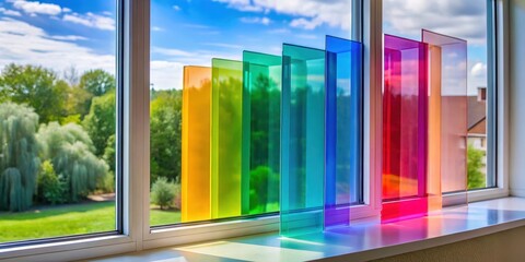Thin transparent sheet of colored glass film installed on a window to reduce UV radiation absorption, solar protection, window film