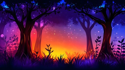 Obraz premium Magical Sunset Forest Landscape Painting, Vibrant Colors, Fantasy Art