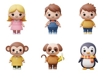 Set of Cute Cartoon Character Illustrations Featuring Children, Animals, and Toys in Playful Style