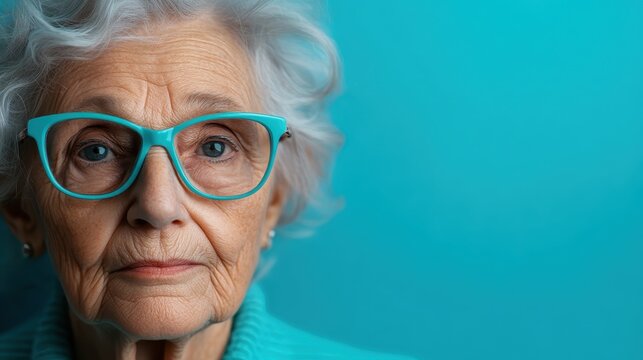 An elderly woman wearing clear glasses presents a serious yet calming presence, staring thoughtfully into the lens against a rich teal background, conveying depth.