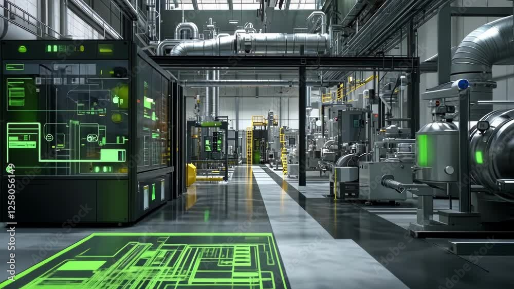 Poster futuristic factory control room uses augmented reality and holographic interface to monitor and cont