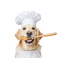Cheerful dog wearing a chef hat, holding a spoon in its mouth, playful cooking theme.