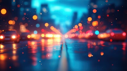 Blurred city lights at night, vibrant and colorful, reflecting on wet pavement in an urban setting.