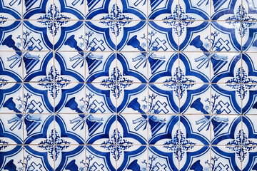 Close-up of a facade in Porto covered with traditional ceramic tiles (azulejos)