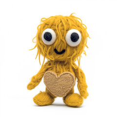 Cute toy yellow full-length woolly monster with big eyes, heart-shaped belly