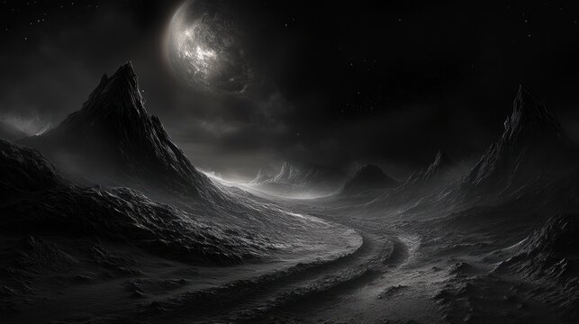 Black background with fantasy dark surreal landscape, artistic and dreamlike