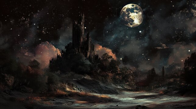 Black background with fantasy dark surreal landscape, artistic and dreamlike