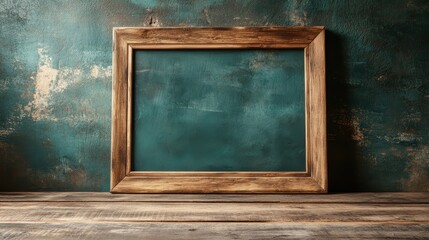A rustic wooden frame placed against a rich teal background, ideal for showcasing photography or art, conveying warmth, nostalgia, and a love for craftsmanship.