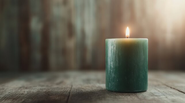 A striking green candle stands out with its gentle flame, set against a background of rich wood, perfect for enhancing any peaceful or romantic setting.