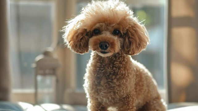 Adorable poodle sitting on sunlit couch by window AI
